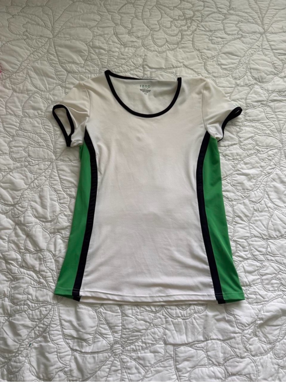 Izod White Short Sleeve Tee with Green Panels and Black Trim